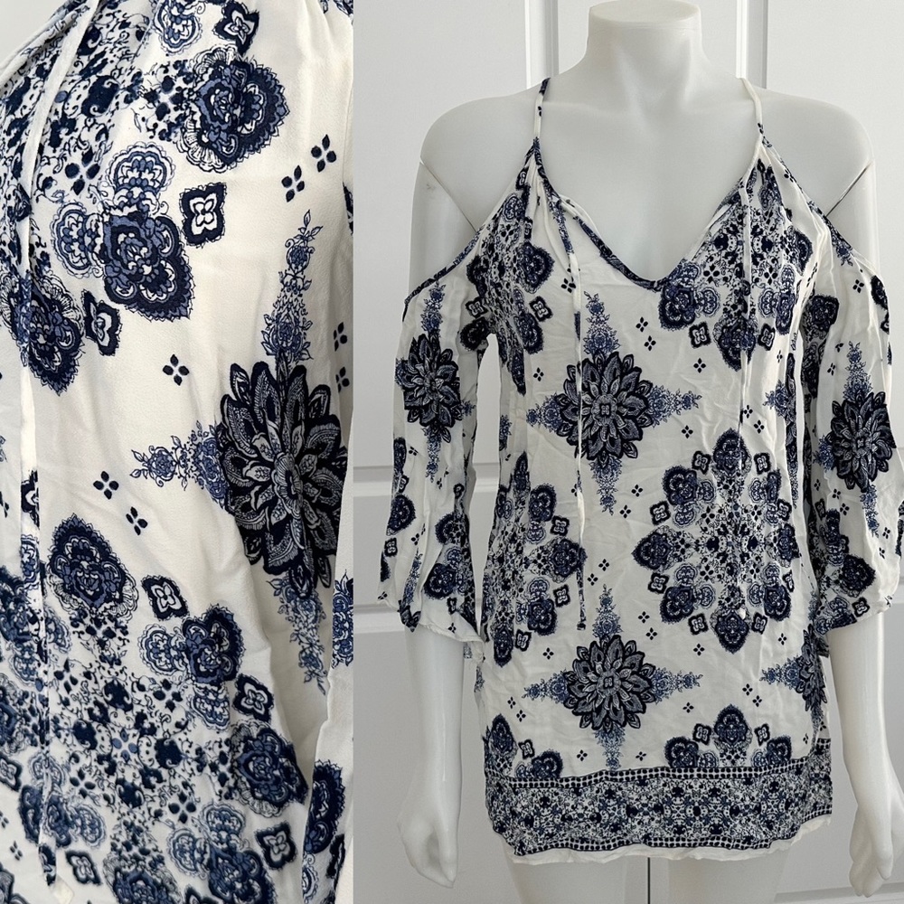 Blue & White Floral Paisley Print Boho Festival Cutout Dress - Picture 17 of 17